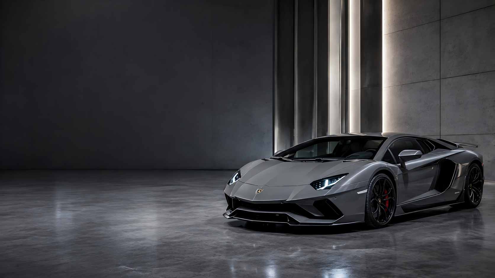 Dark performance vehicle in a refined architectural studio