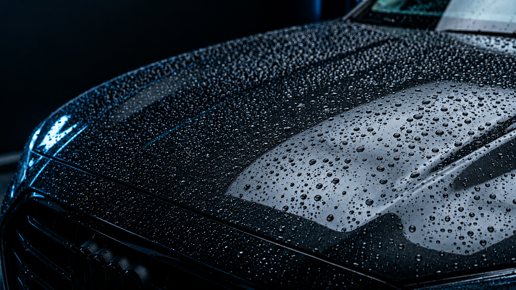 Water beading across a protected dark vehicle surface