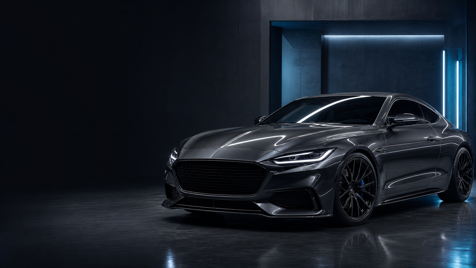 Dark graphite performance coupe with a deep clear-gloss automotive finish
